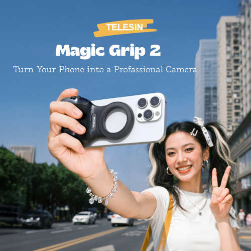 Person using TELESIN Fun Shot Magnetic Grip 2 to take a selfie in an urban setting